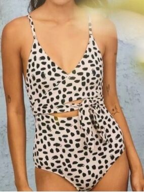 aerie Cream One-Piece Swimsuit with Black Leopard Spots Size Medium LONG